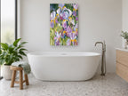 Iris Garden Gathering floral canvas print on the wall of a bathroom