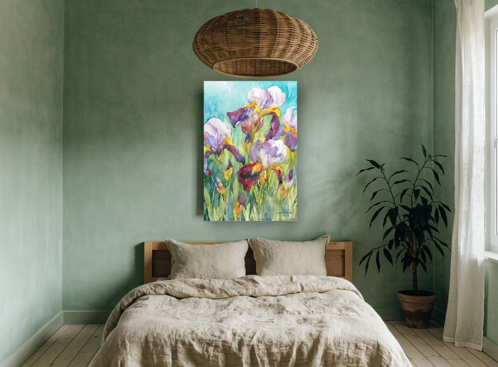 Irises Against Turquoise floral canvas print on the wall of a bedroom
