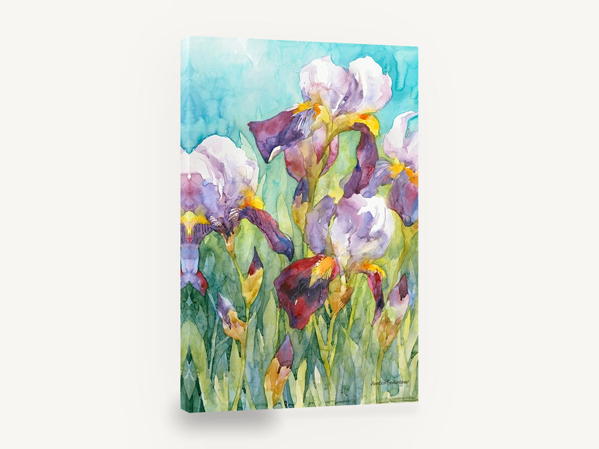 Irises Against Turquoise, purple iris watercolour floral, floral canvas wall art print ready to hang