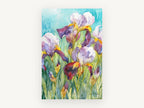 Irises Against Turquoise, floral canvas wall art print, front view