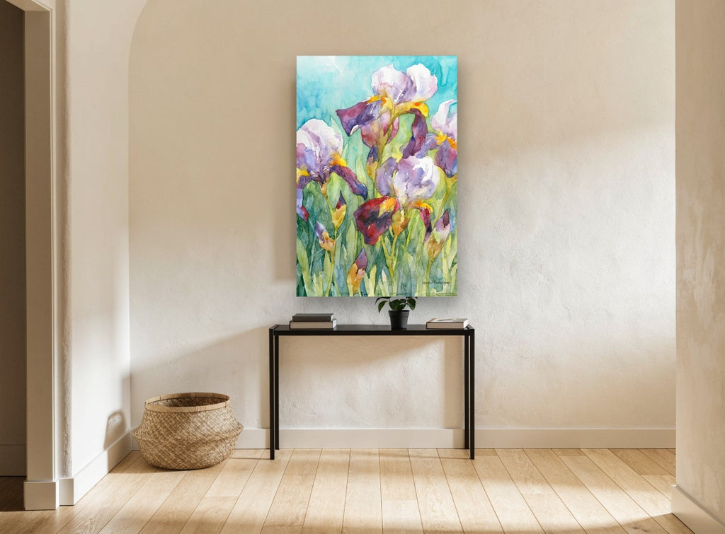 Irises Against Turquoise floral canvas print on the wall of a hallway