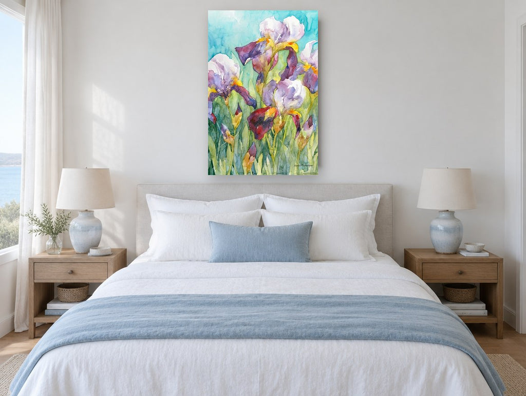 Irises Against Turquoise floral canvas print on the wall of a coastal bedroom