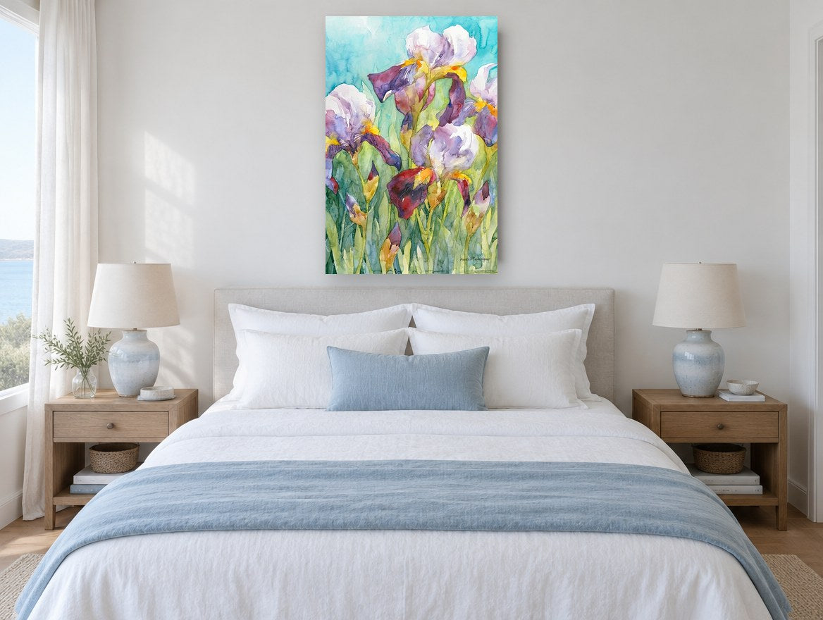 Irises Against Turquoise floral canvas print on the wall of a coastal bedroom