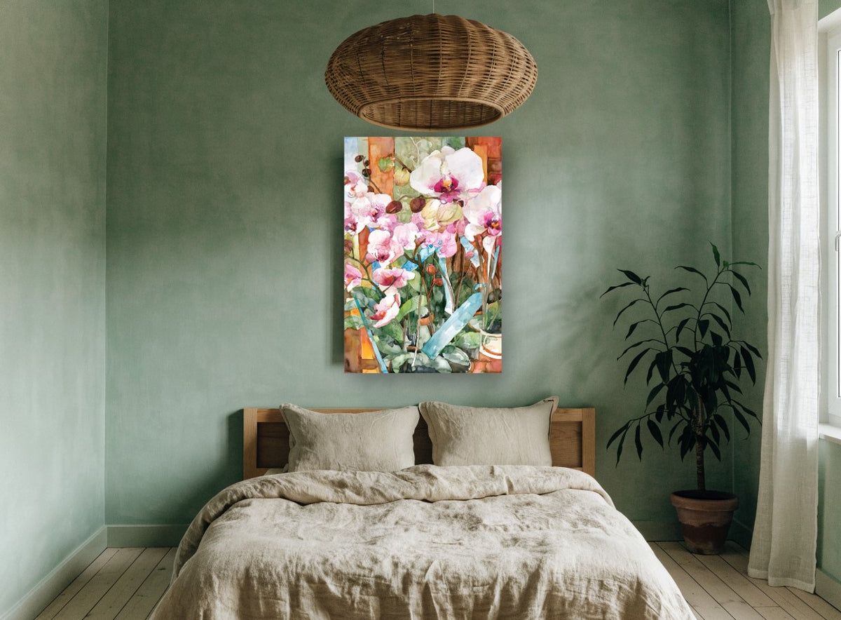 Orchids in Pots floral canvas print on the wall of a bedroom