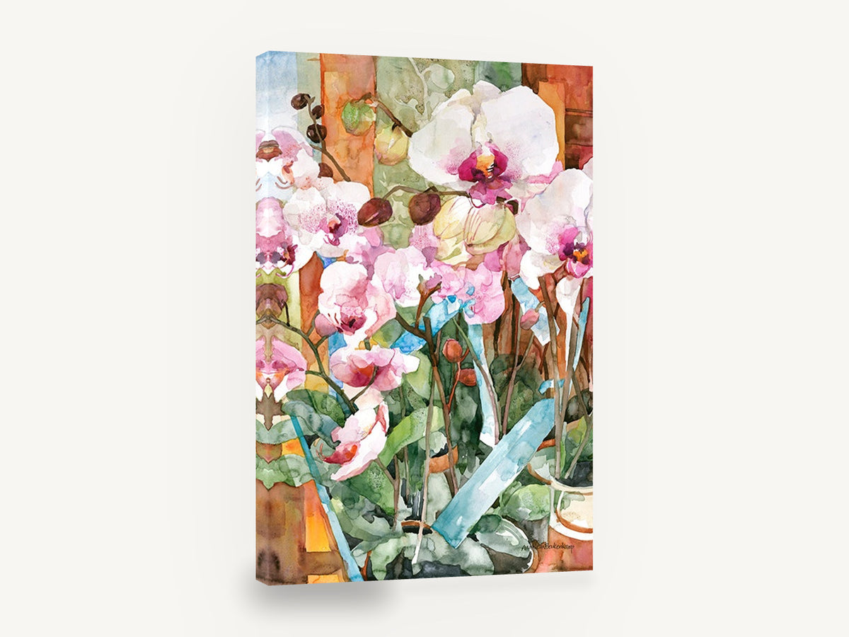 Orchids in Pots, pink orchid watercolour floral, floral canvas wall art print ready to hang