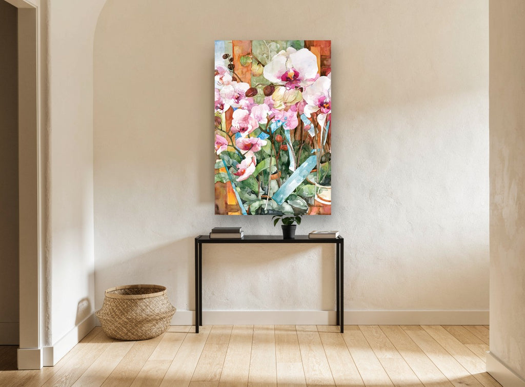 Orchids in Pots floral canvas print on the wall of a hallway