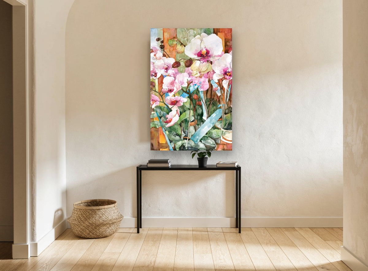 Orchids in Pots floral canvas print on the wall of a hallway