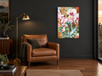 Orchids in Pots floral canvas print on the wall of a charcoal living room