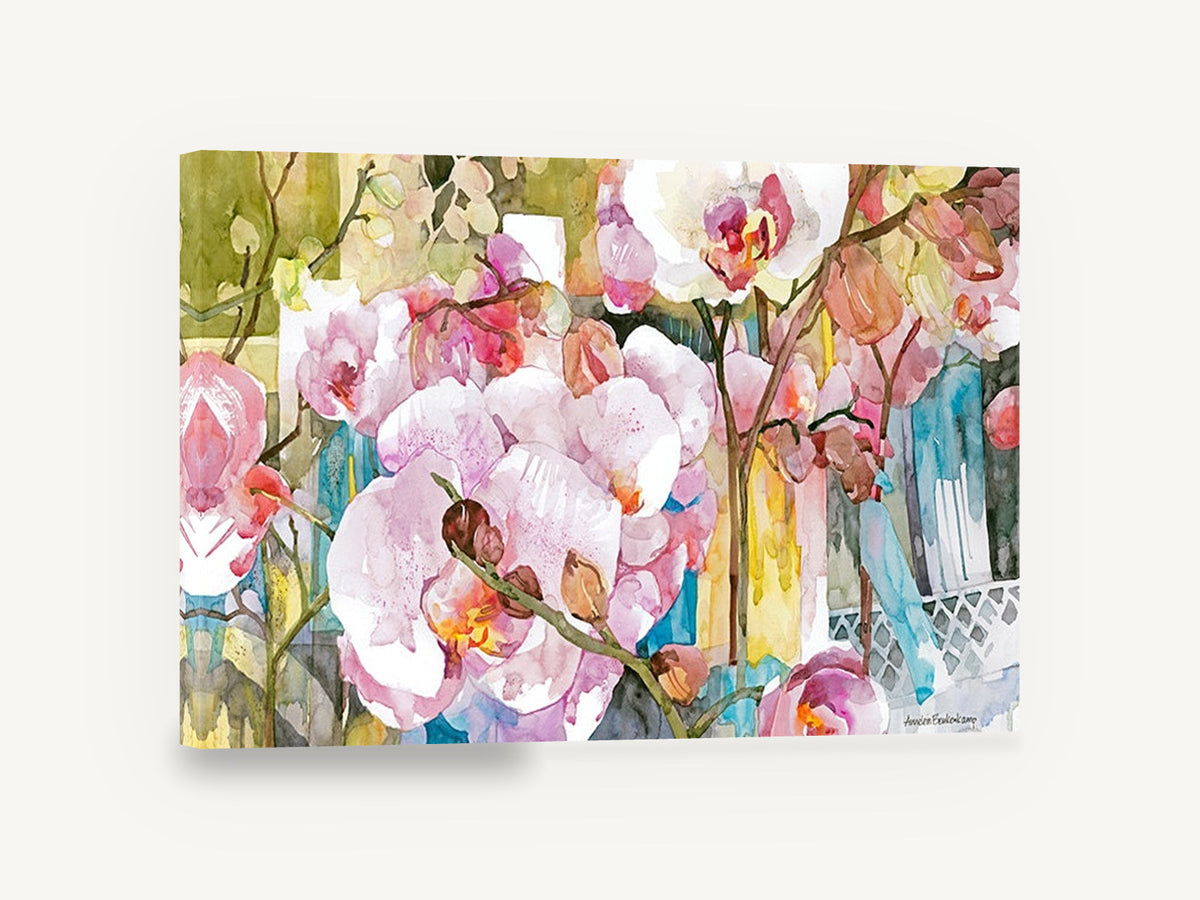 Orchid Garden Glow, pink orchid watercolour floral painting, floral canvas wall art print ready to hang