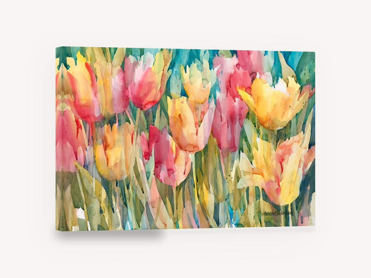 Tulip Garden Wash, pink and yellow tulips watercolour, floral canvas wall art print ready to hang