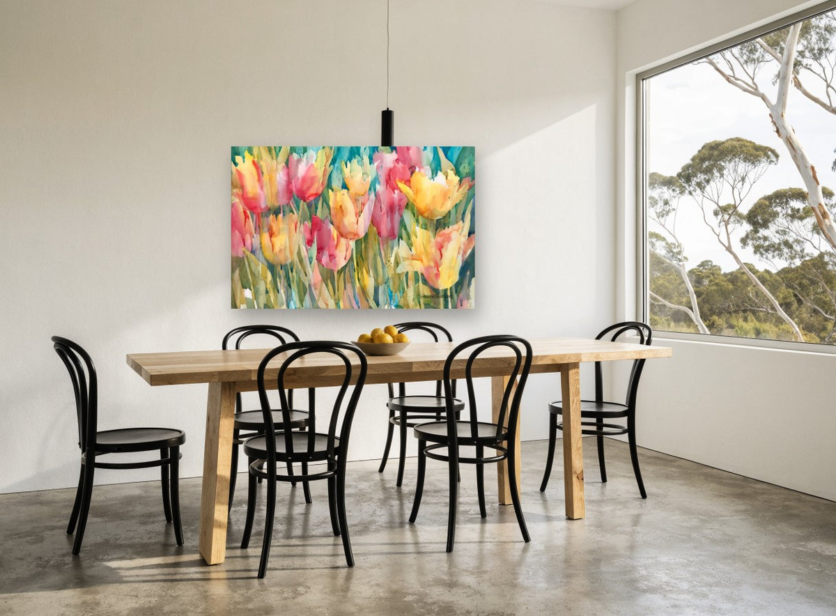 Tulip Garden Wash floral canvas print on the wall of a dining room