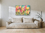 Tulip Garden Wash floral canvas print on the wall of a living room