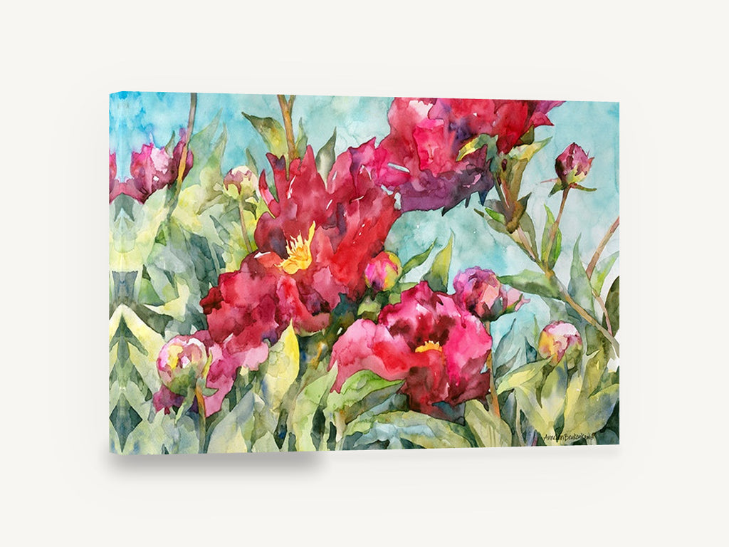 Crimson Peony Garden, red peonies watercolour floral garden, floral canvas wall art print ready to hang