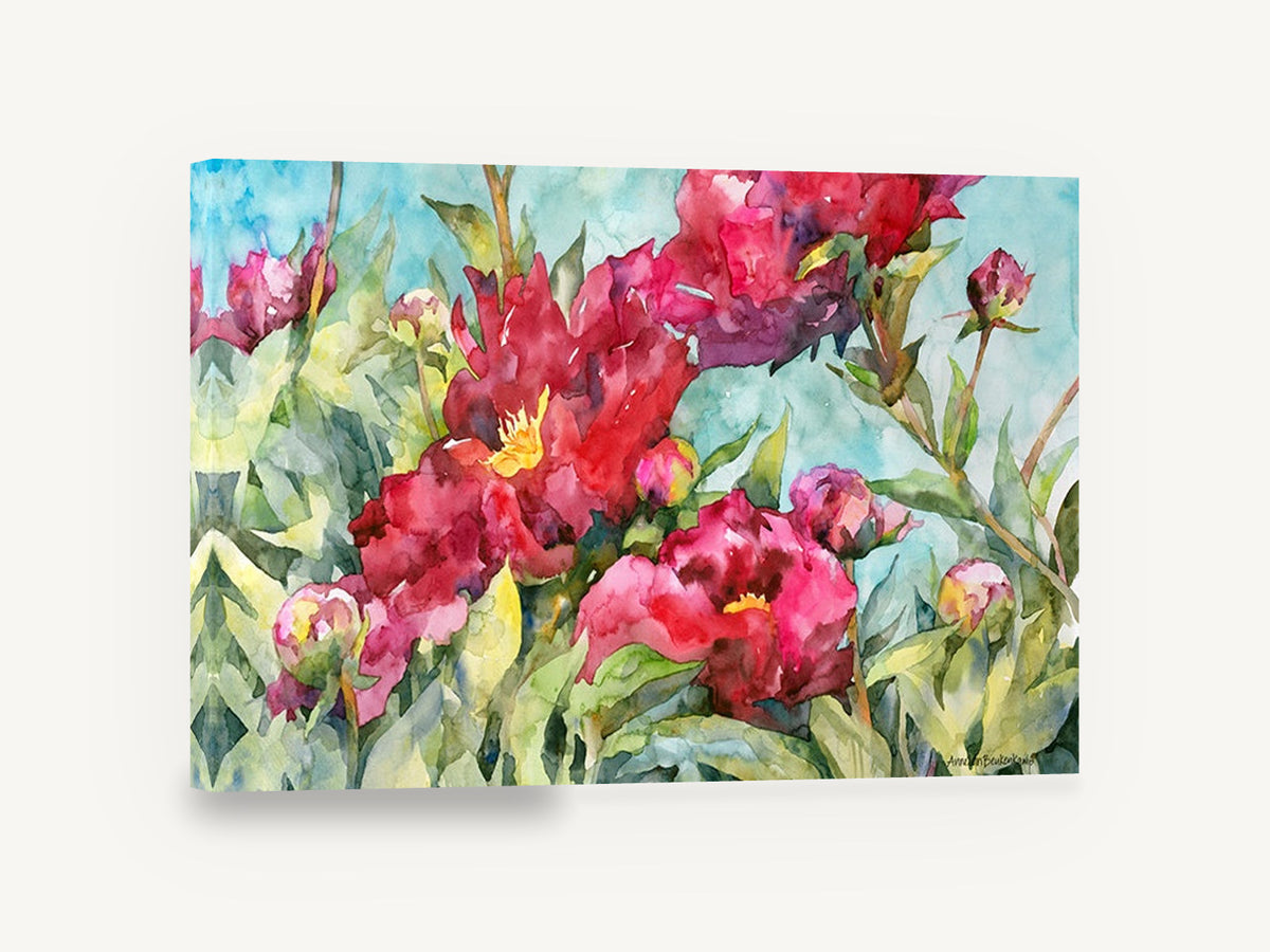 Crimson Peony Garden, red peonies watercolour floral garden, floral canvas wall art print ready to hang