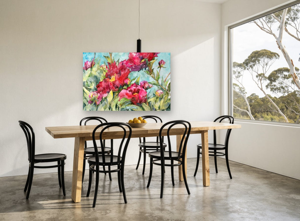 Crimson Peony Garden floral canvas print on the wall of a dining room