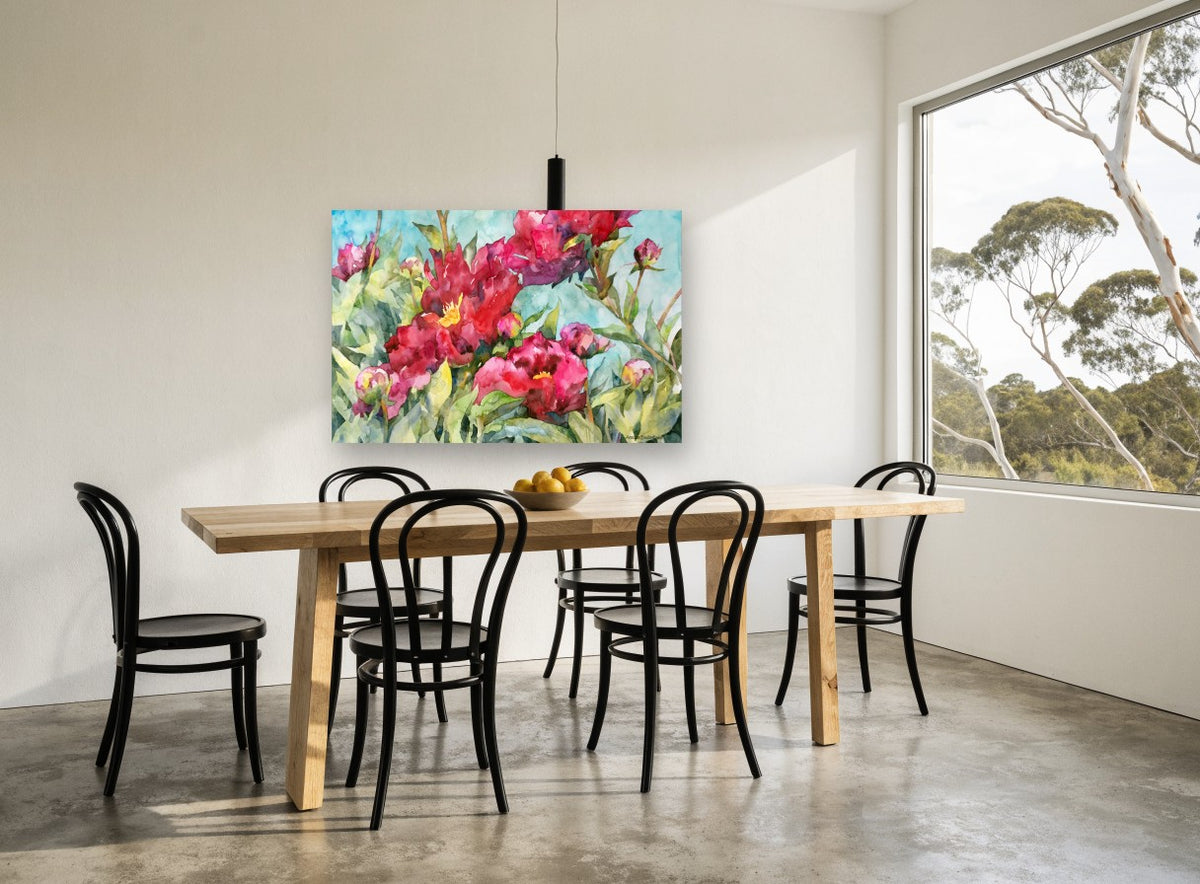 Crimson Peony Garden floral canvas print on the wall of a dining room