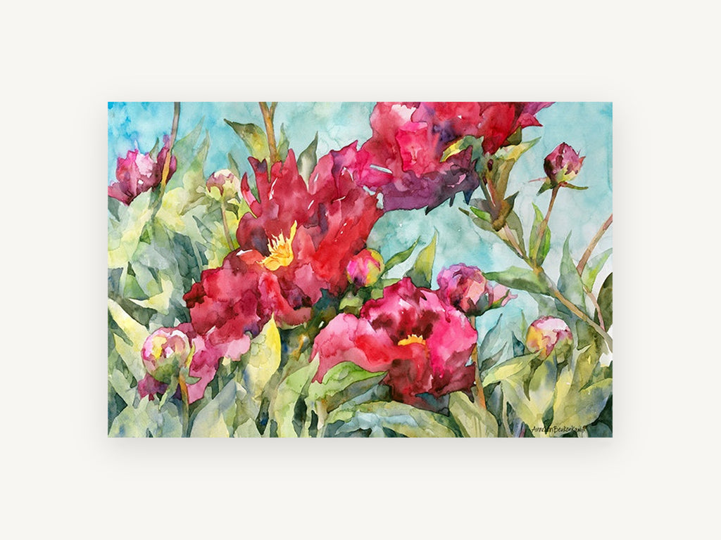 Crimson Peony Garden, floral canvas wall art print, front view