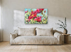 Crimson Peony Garden floral canvas print on the wall of a living room