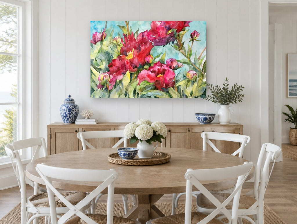Crimson Peony Garden floral canvas print on the wall of a Hamptons dining room