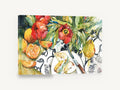 Sliced Pears and Tulips, red tulips pears oranges watercolour still life, floral canvas wall art print ready to hang