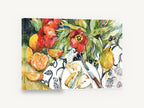 Sliced Pears and Tulips, red tulips pears oranges watercolour still life, floral canvas wall art print ready to hang