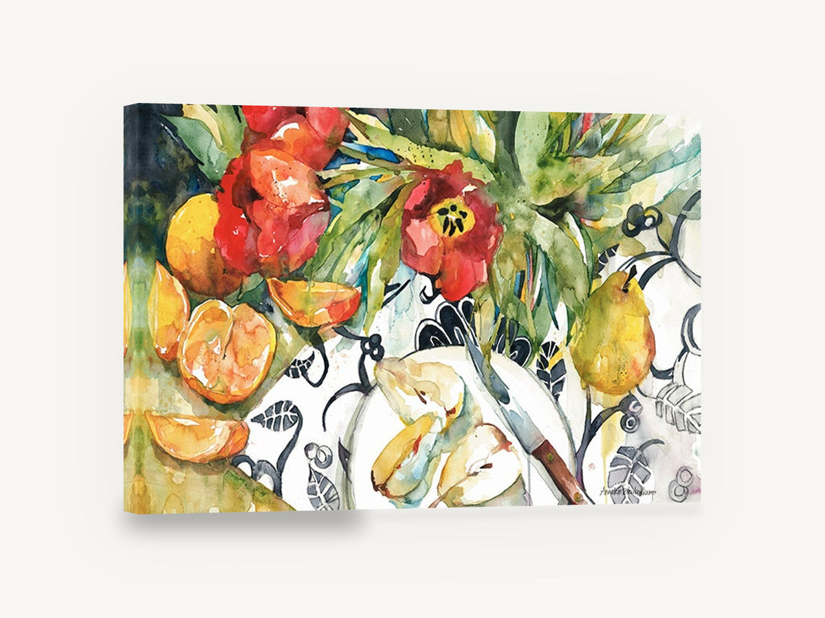 Sliced Pears and Tulips, red tulips pears oranges watercolour still life, floral canvas wall art print ready to hang