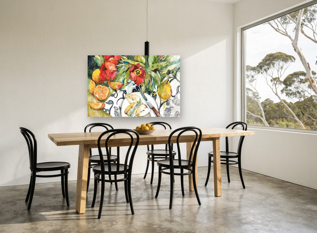 Sliced Pears and Tulips floral canvas print on the wall of a dining room