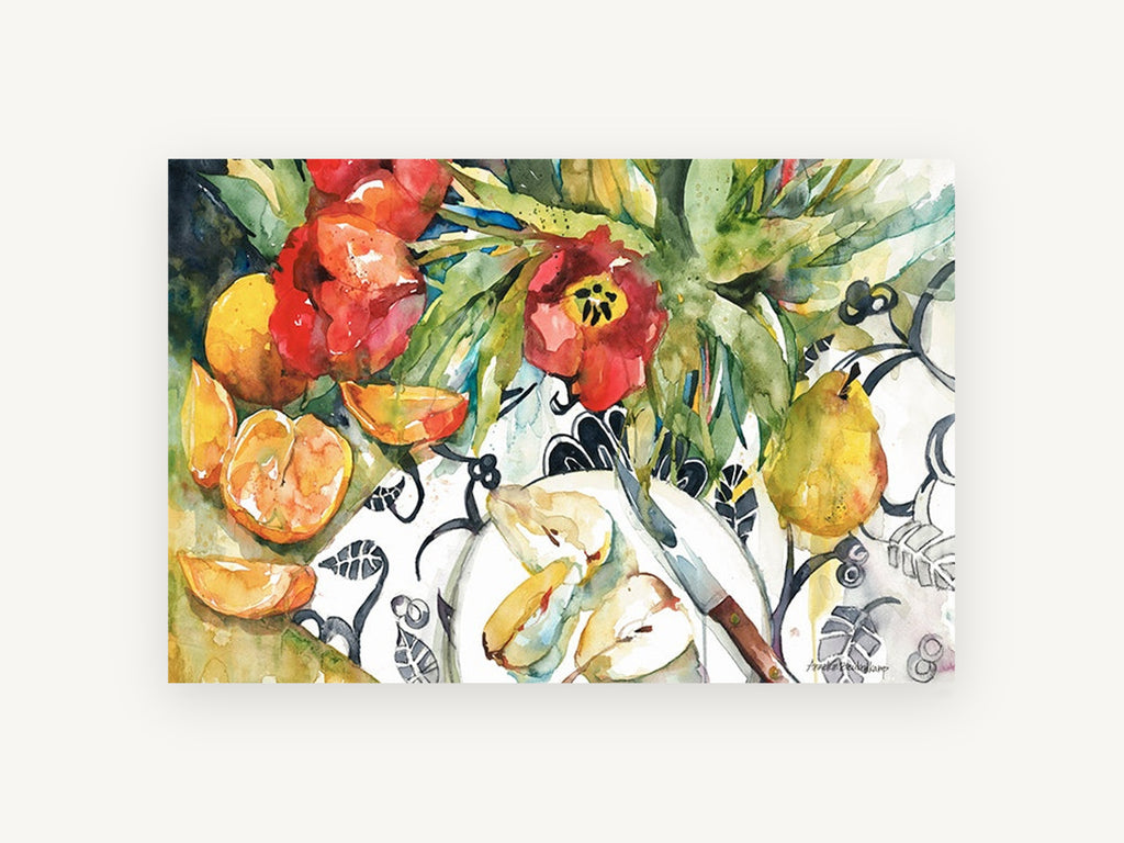 Sliced Pears and Tulips, floral canvas wall art print, front view