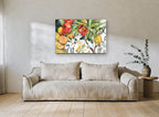 Sliced Pears and Tulips floral canvas print on the wall of a living room