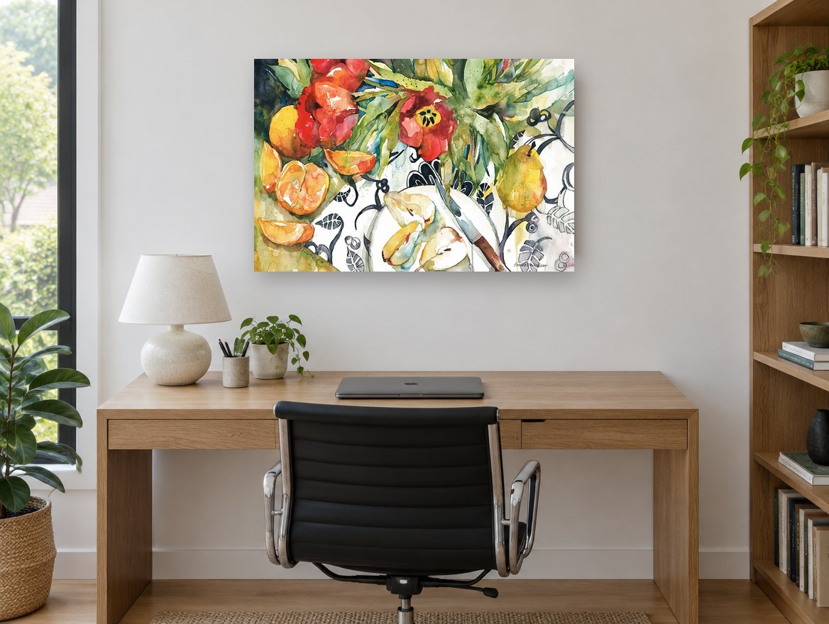 Sliced Pears and Tulips floral canvas print on the wall of a study
