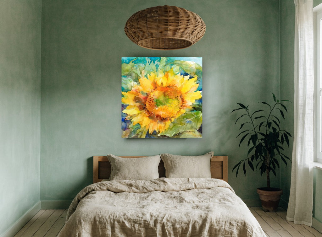Open Sunflower Bloom floral canvas print on the wall of a bedroom