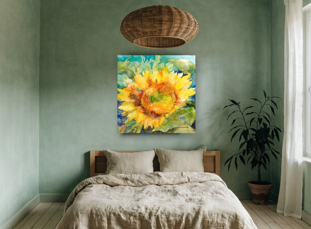 Open Sunflower Bloom floral canvas print on the wall of a bedroom