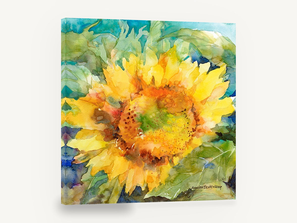 Open Sunflower Bloom, yellow sunflower watercolour floral, floral canvas wall art print ready to hang