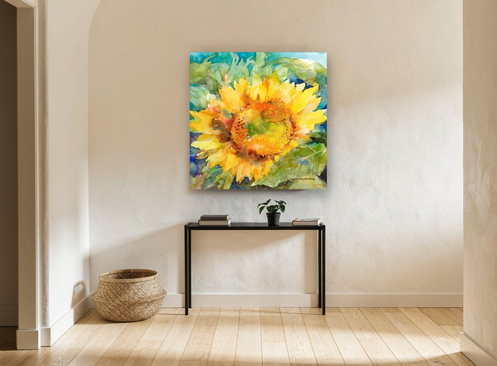 Open Sunflower Bloom floral canvas print on the wall of a hallway