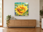Open Sunflower Bloom floral canvas print on the wall of a living room above a sideboard