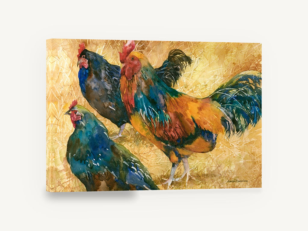 Rooster and Two Hens, rooster and hens watercolour, landscape canvas wall art print ready to hang
