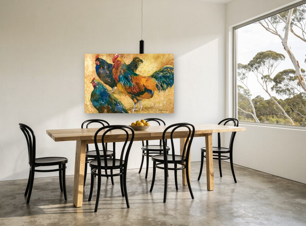 Rooster and Two Hens landscape canvas print on the wall of a dining room