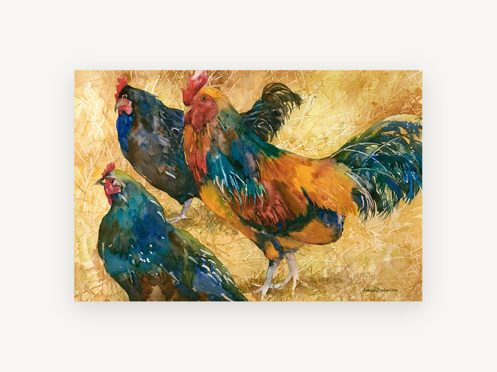 Rooster and Two Hens, rooster and hens watercolour, landscape canvas wall art print, front view
