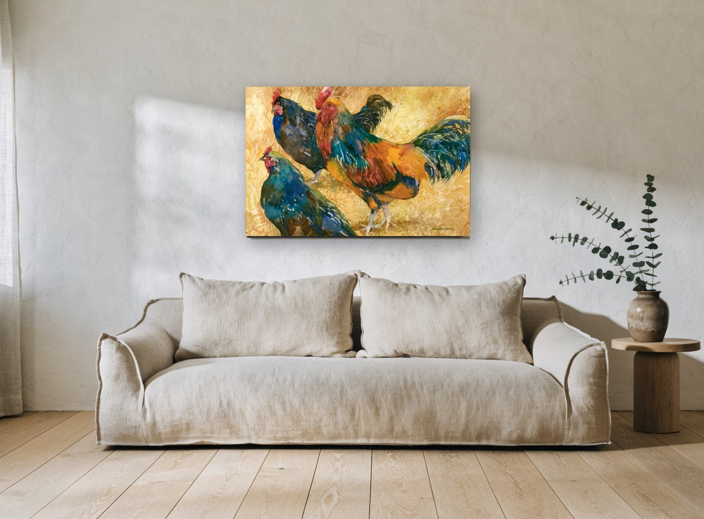 Rooster and Two Hens landscape canvas print on the wall of a living room
