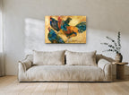 Rooster and Two Hens landscape canvas print on the wall of a living room