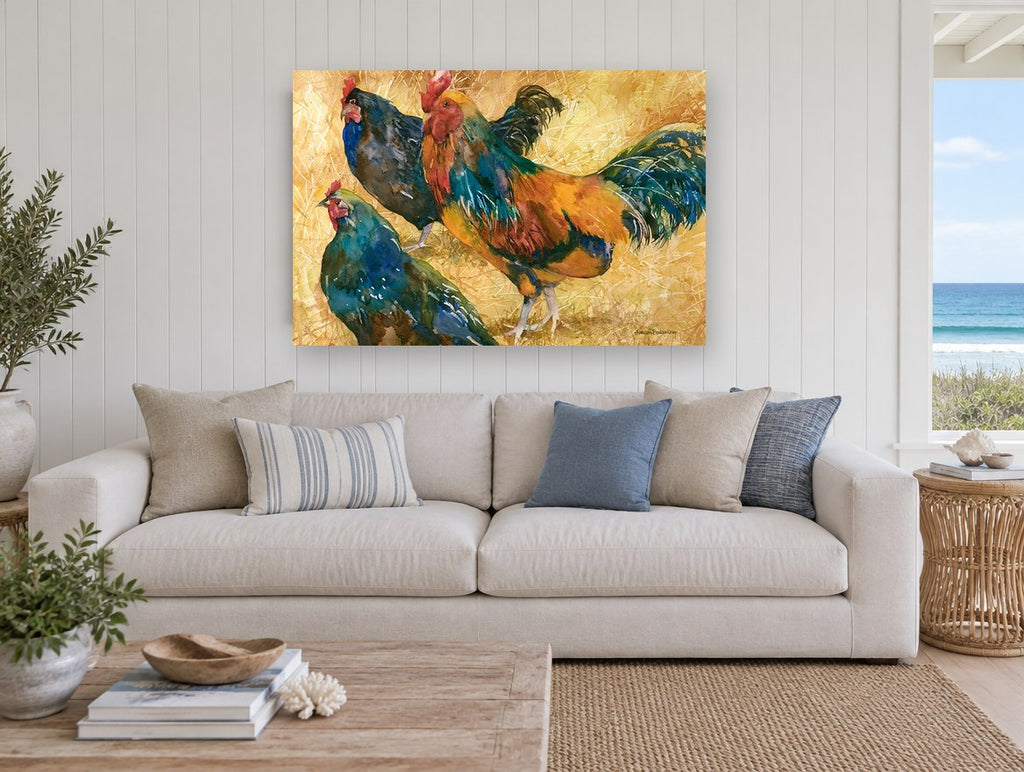 Rooster and Two Hens landscape canvas print on the wall of a beach house living room