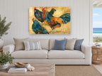 Rooster and Two Hens landscape canvas print on the wall of a beach house living room