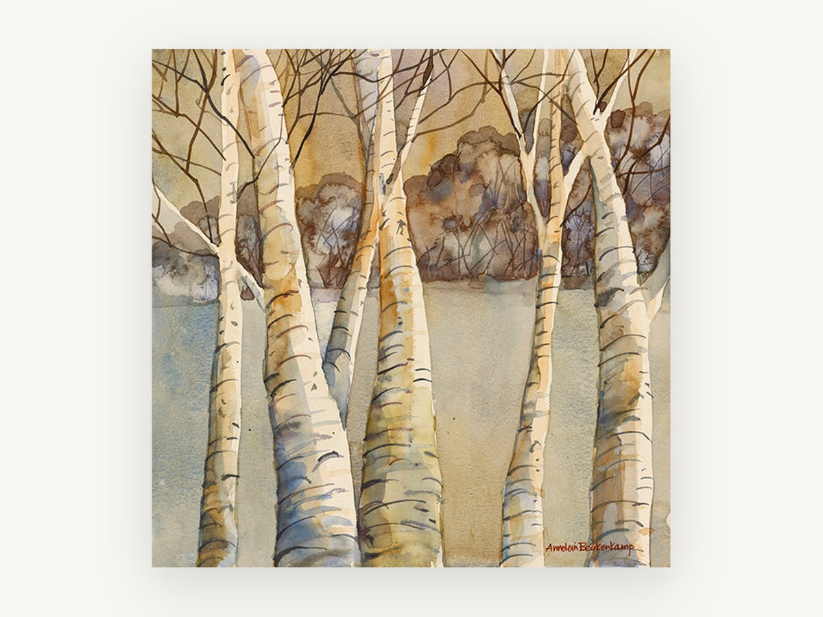 Birch Grove Haze, watercolour birch trees earth tones, landscape canvas wall art print, front view