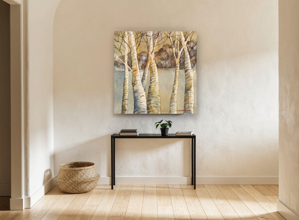 Birch Grove Haze landscape canvas print on the wall of a hallway
