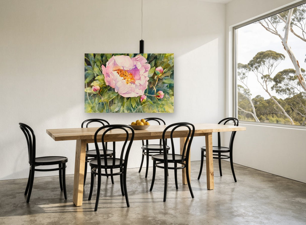 Open Pink Peony floral canvas print on the wall of a dining room