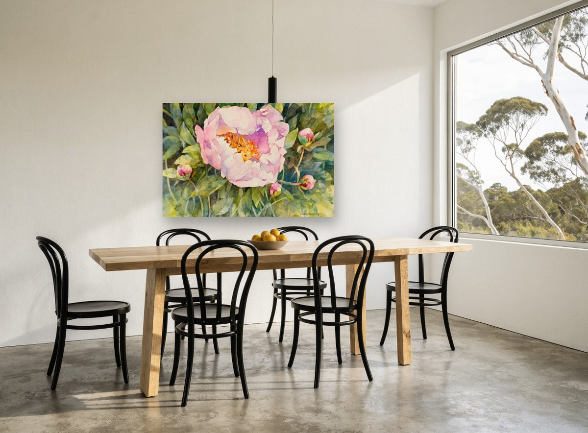 Open Pink Peony floral canvas print on the wall of a dining room