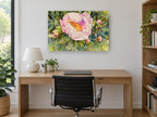 Open Pink Peony floral canvas print on the wall of a study