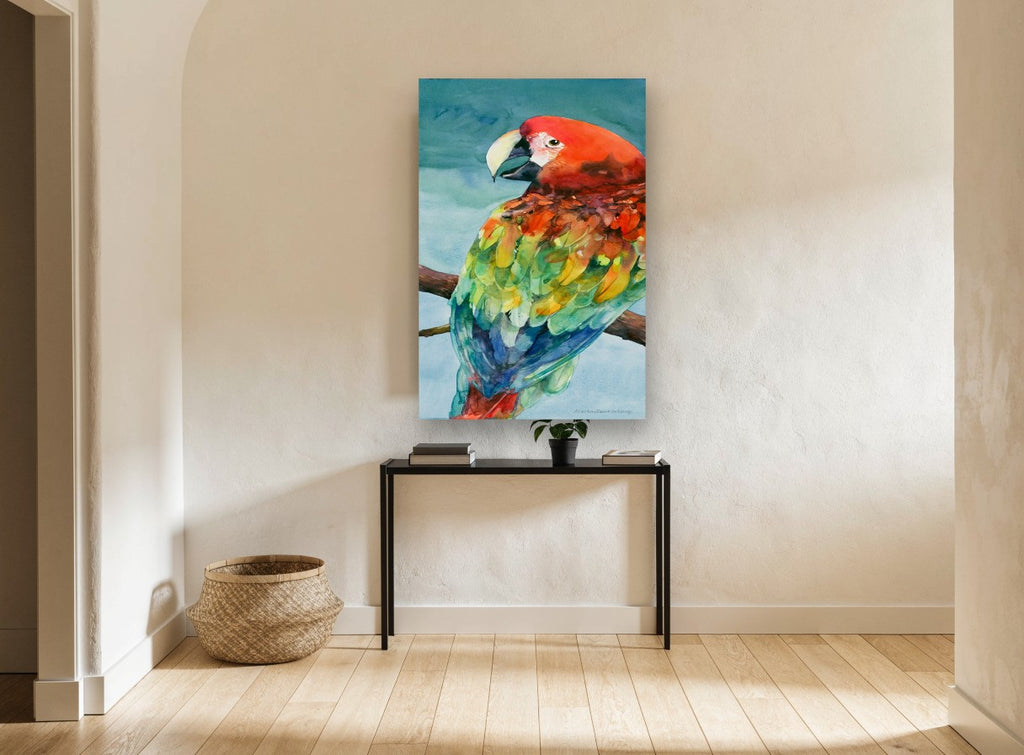 Scarlet Macaw on Branch animal canvas print on the wall of a hallway