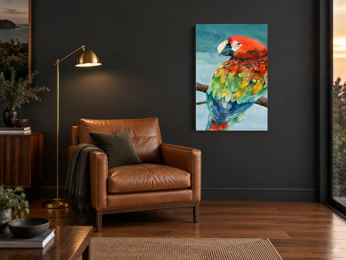 Scarlet Macaw on Branch animal canvas print on the wall of a charcoal living room