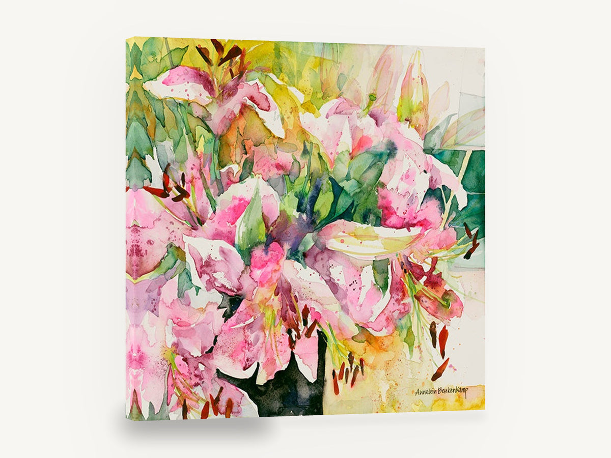 Pink Lily Bouquet, pink lily bouquet watercolour floral, floral canvas wall art print ready to hang